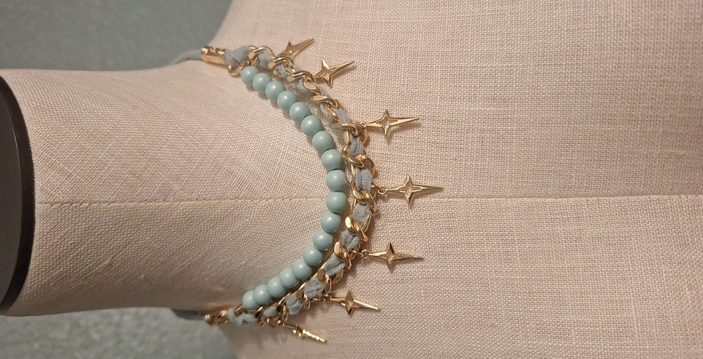 Gold and Blue Beaded Necklace with Star Charms